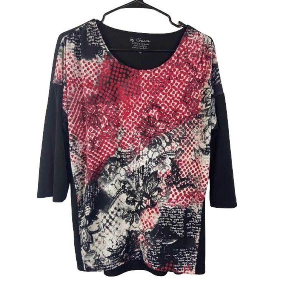 By Chicos Top Women's 1 Red lack Floral 3/4 Sleeve Stretch Pull Over Casual Top